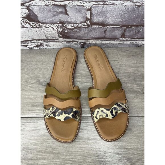 Madewell Brown Green Wavy Snake Embossed Leather Slides Flats Sandals Women 6.5M - Picture 10 of 16